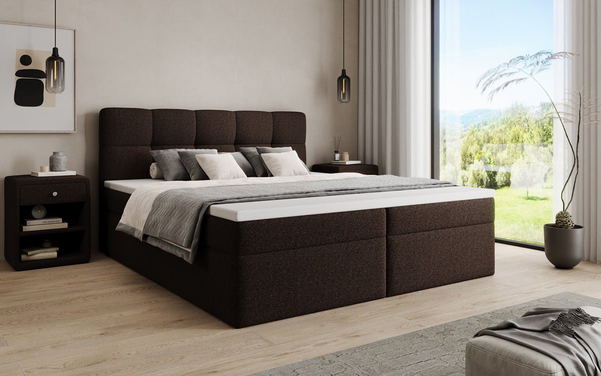 Box spring bed Cozy II in teddy boucle with storage space