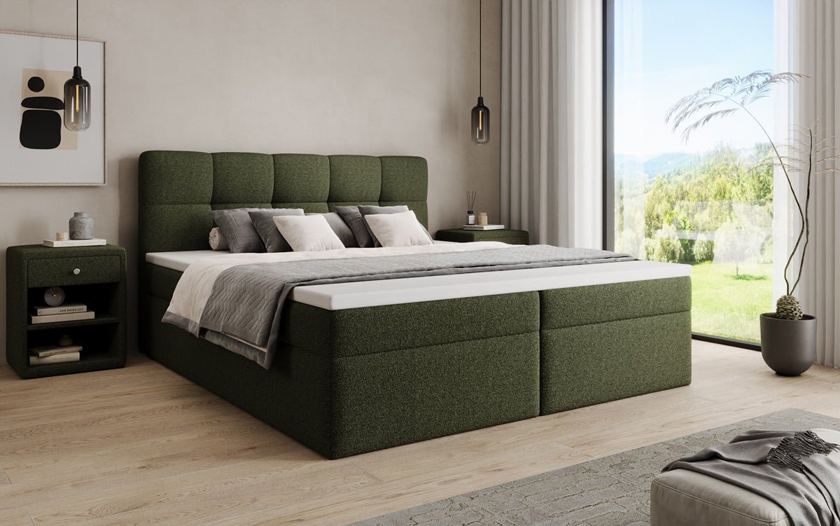 Box spring bed Cozy II in teddy boucle with storage space