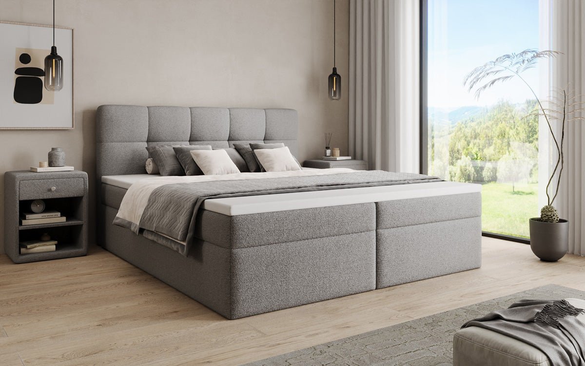 Box spring bed Cozy II in teddy boucle with storage space