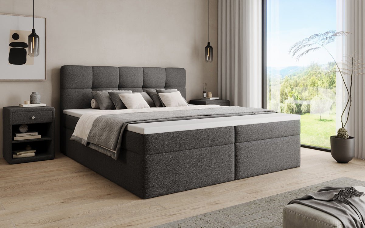 Box spring bed Cozy II in teddy boucle with storage space