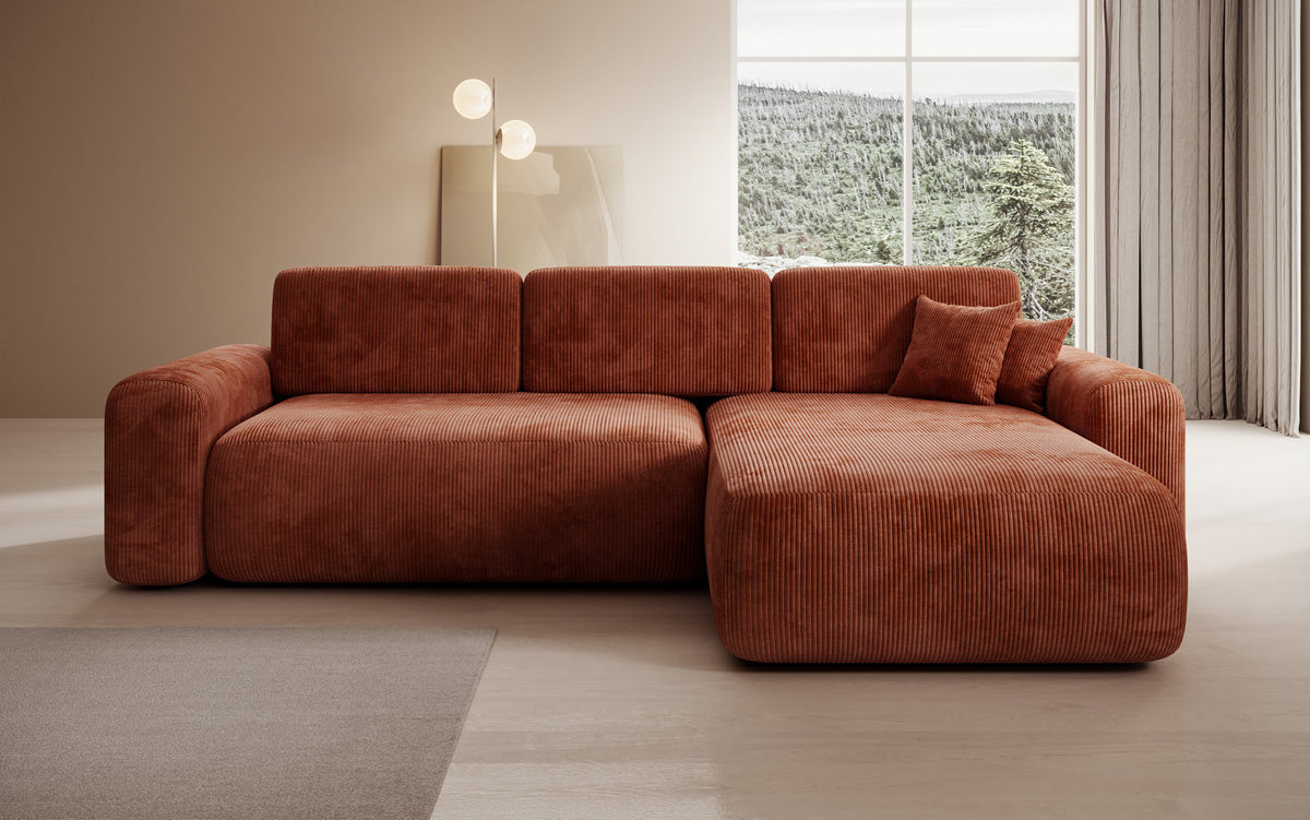 Designer corner sofa Lola with sleeping and folding function in Corduroy
