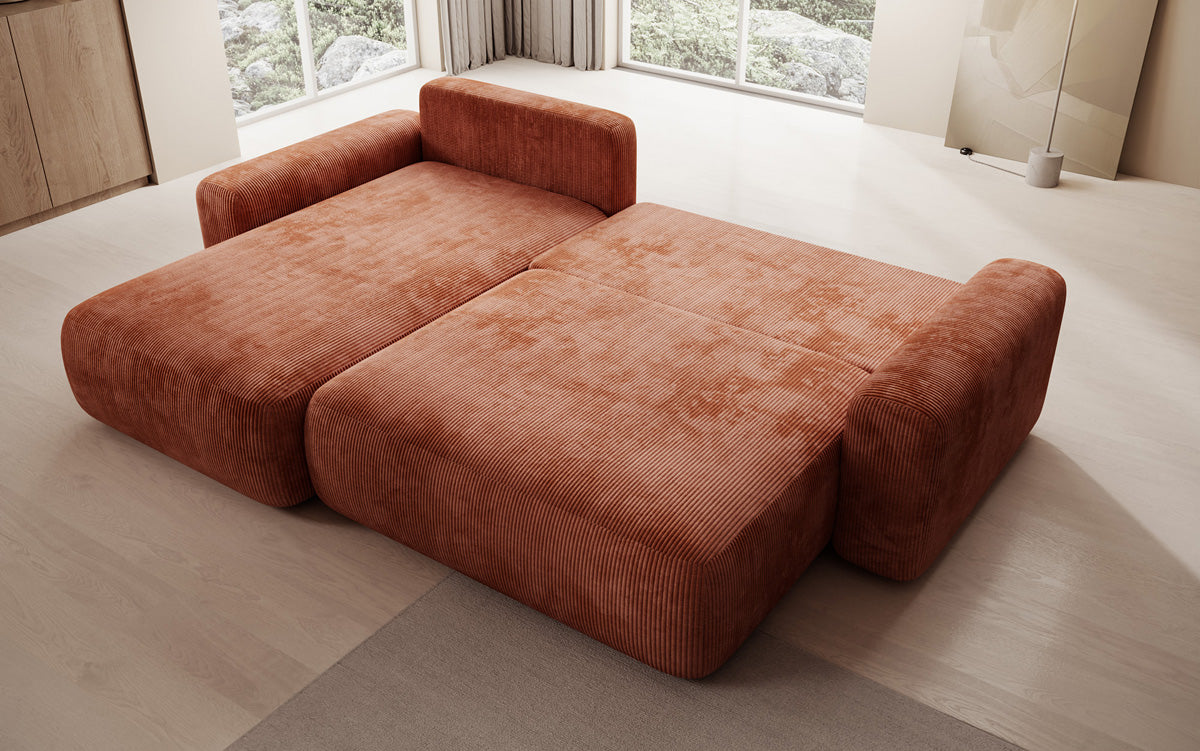Designer corner sofa Lola with sleeping and folding function in Corduroy