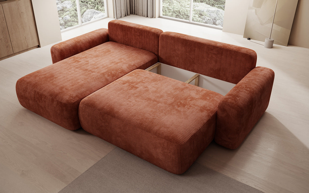 Designer corner sofa Lola with sleeping and folding function in Corduroy