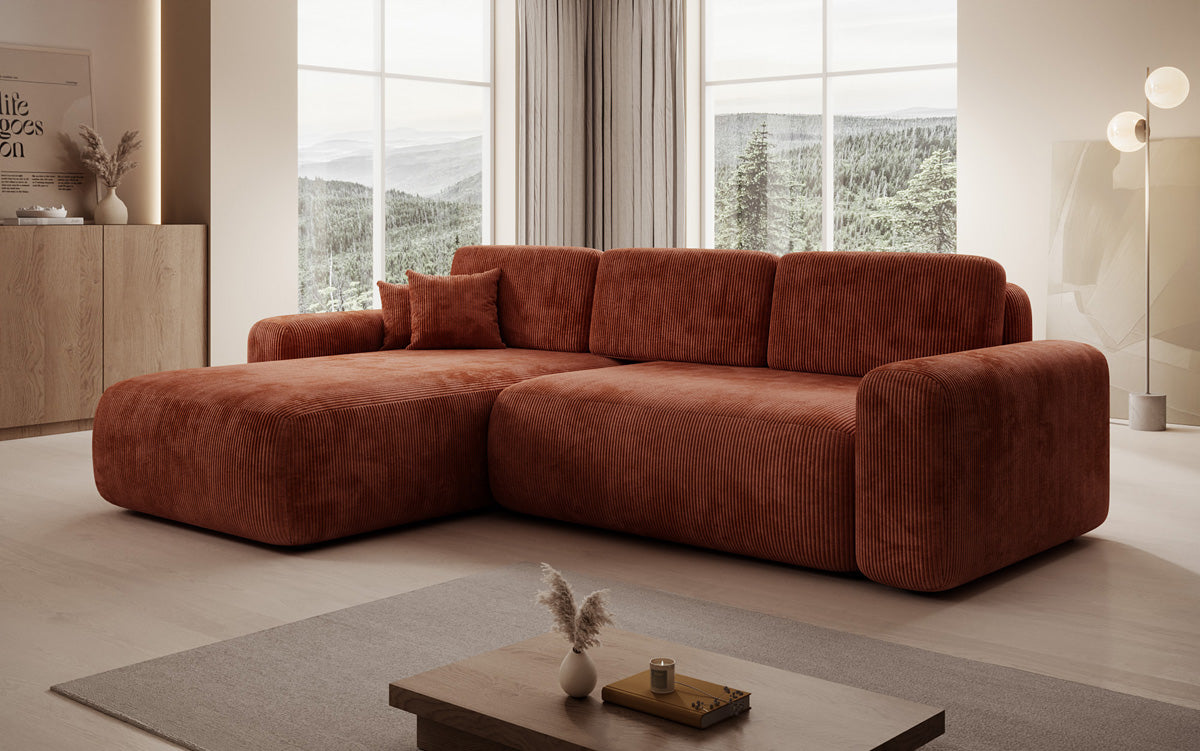 Designer corner sofa Lola with sleeping and folding function in Corduroy