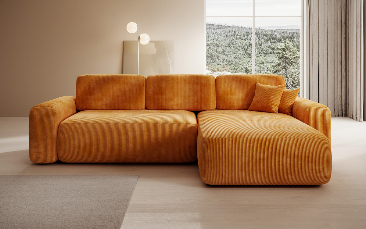 Designer corner sofa Lola with sleeping and folding function in Corduroy