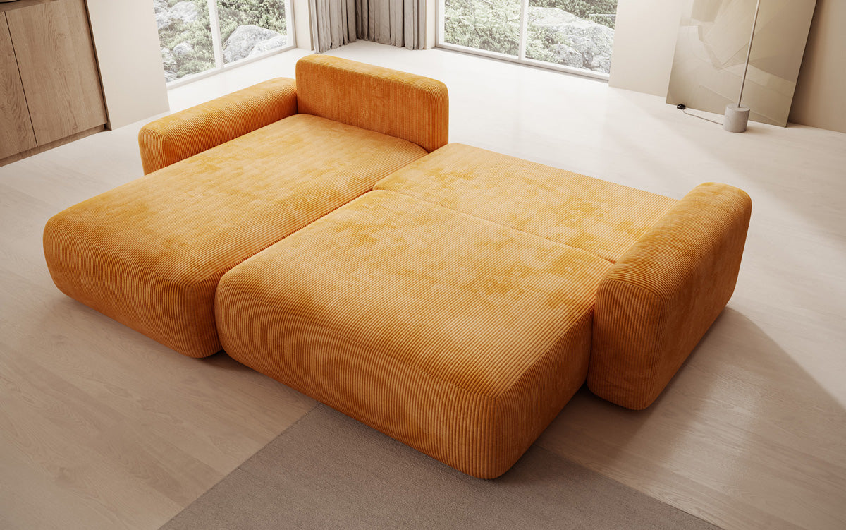 Designer corner sofa Lola with sleeping and folding function in Corduroy