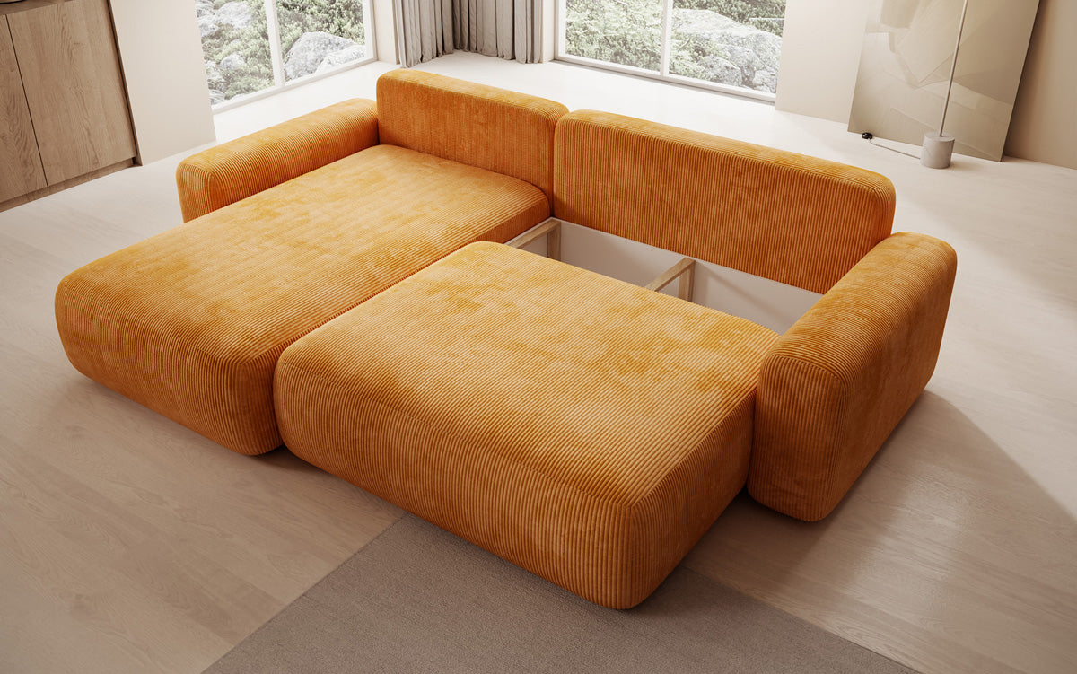 Designer corner sofa Lola with sleeping and folding function in Corduroy