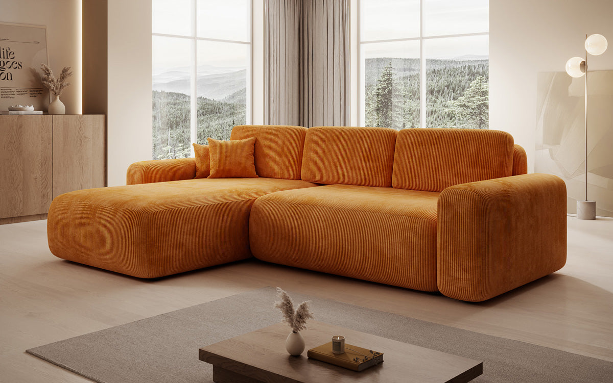 Designer corner sofa Lola with sleeping and folding function in Corduroy