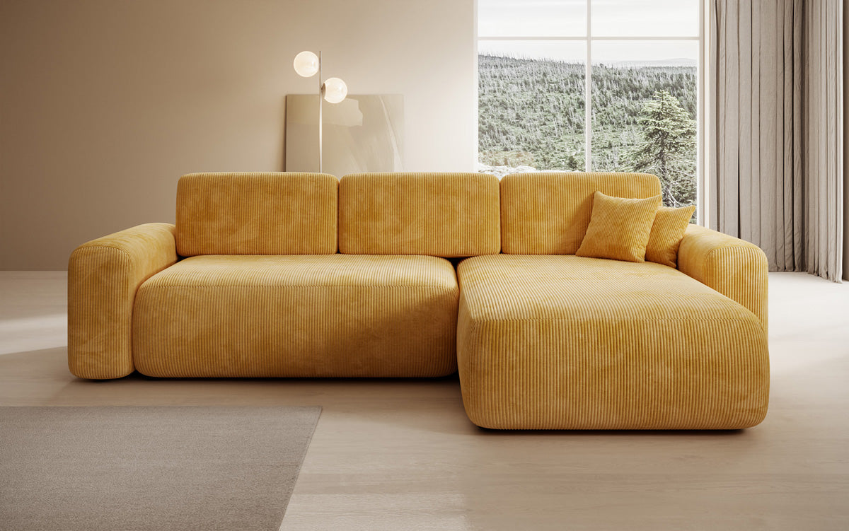 Designer corner sofa Lola with sleeping and folding function in Corduroy