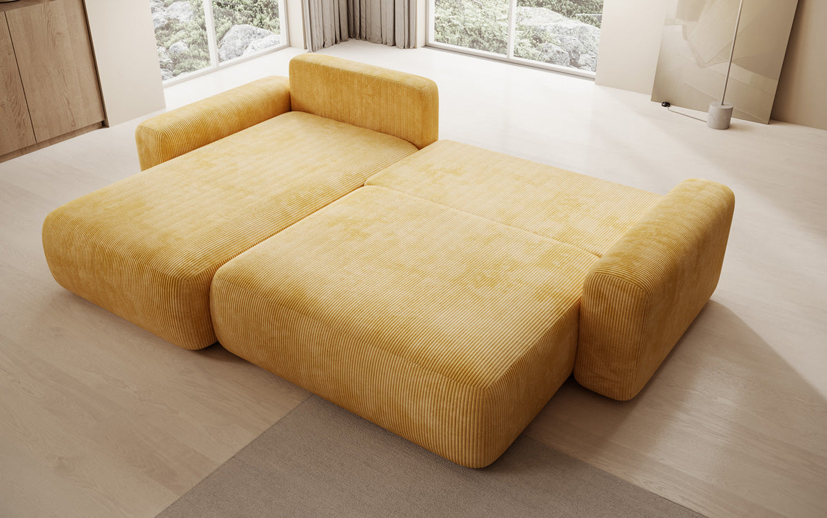 Designer corner sofa Lola with sleeping and folding function in Corduroy