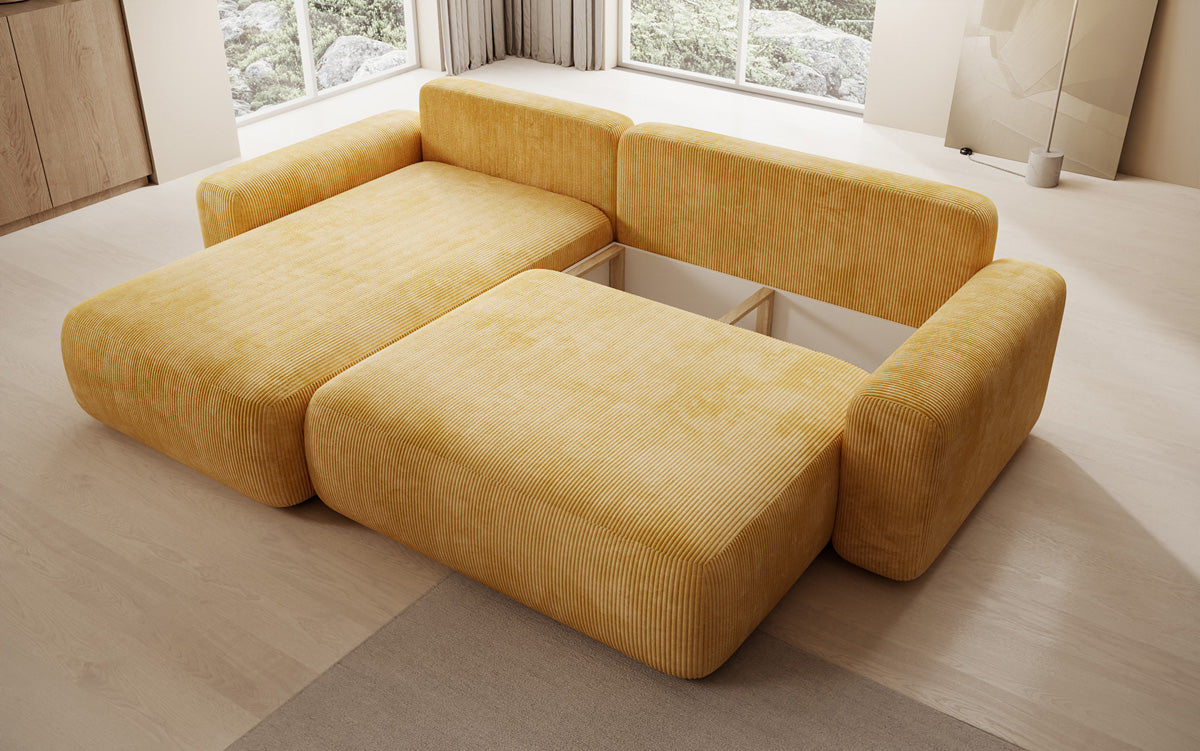 Designer corner sofa Lola with sleeping and folding function in Corduroy