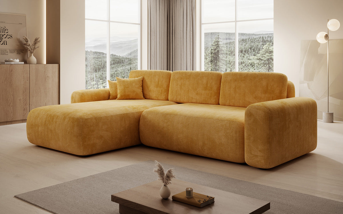 Designer corner sofa Lola with sleeping and folding function in Corduroy