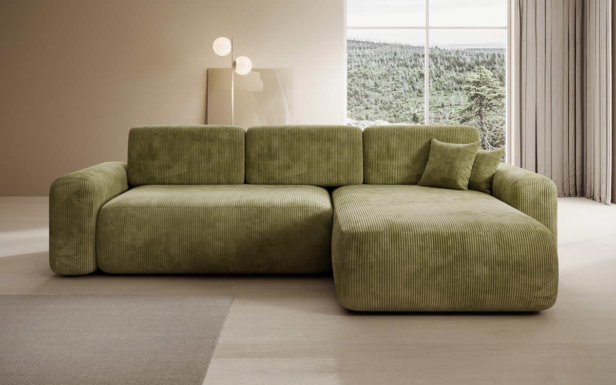 Designer corner sofa Lola with sleeping and folding function in Corduroy