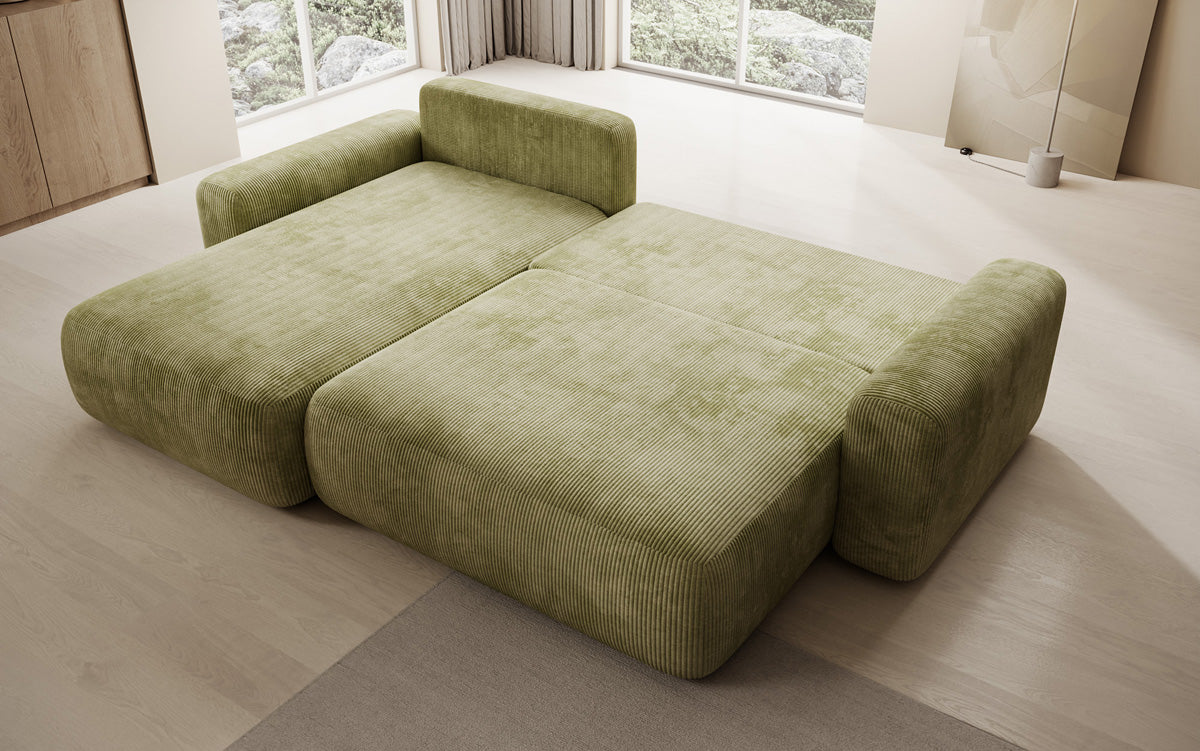 Designer corner sofa Lola with sleeping and folding function in Corduroy