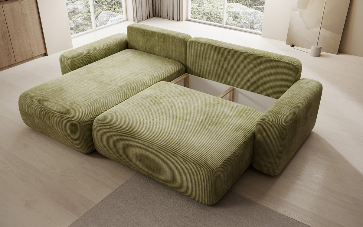 Designer corner sofa Lola with sleeping and folding function in Corduroy