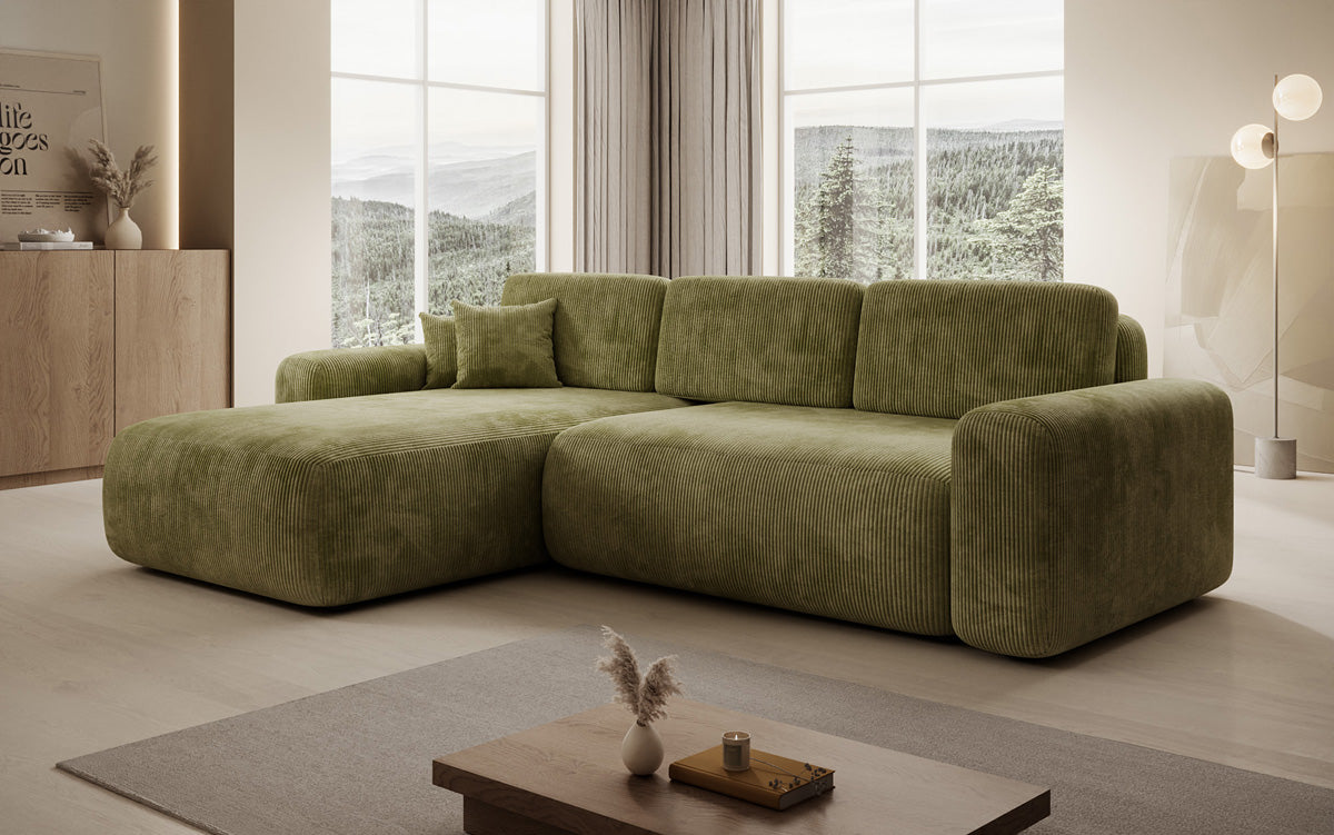 Designer corner sofa Lola with sleeping and folding function in Corduroy
