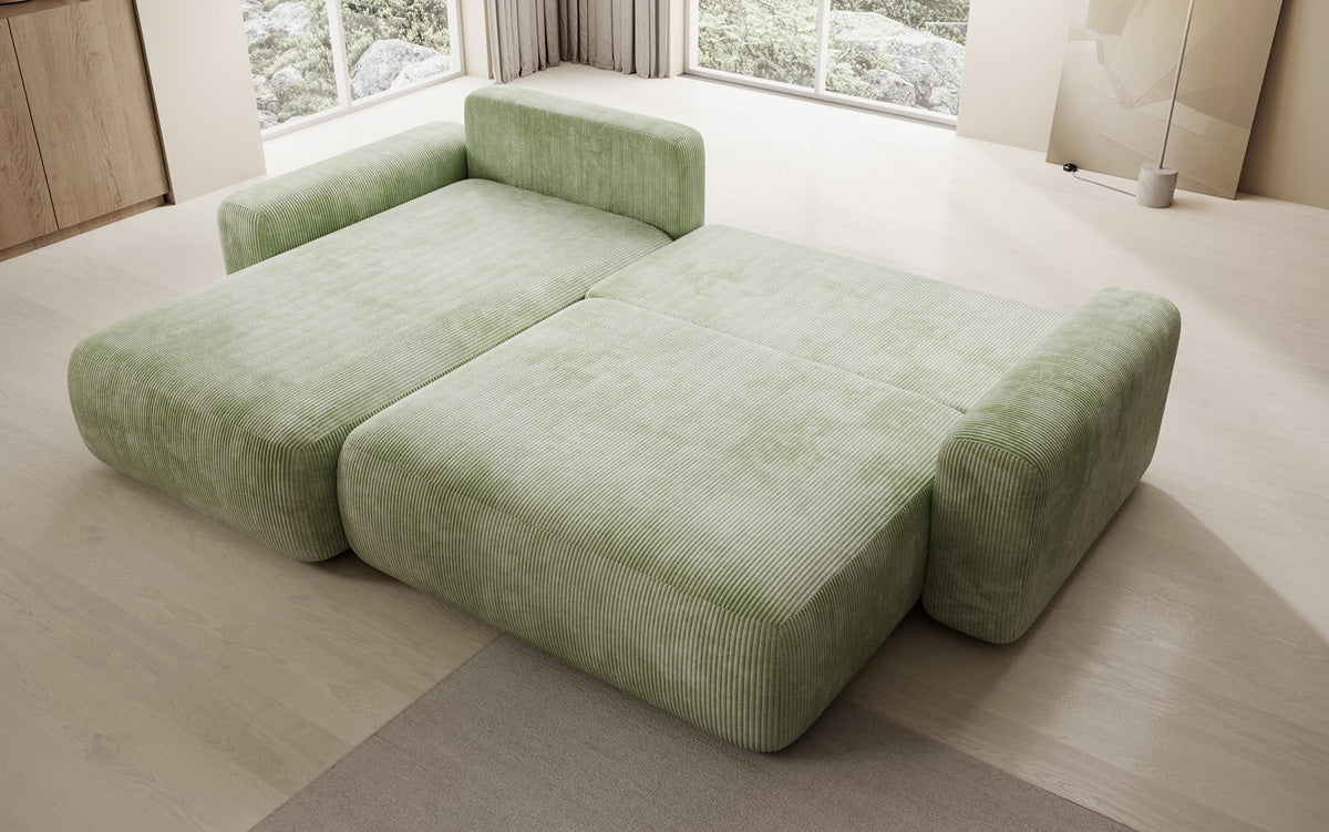 Designer corner sofa Lola with sleeping and folding function in Corduroy