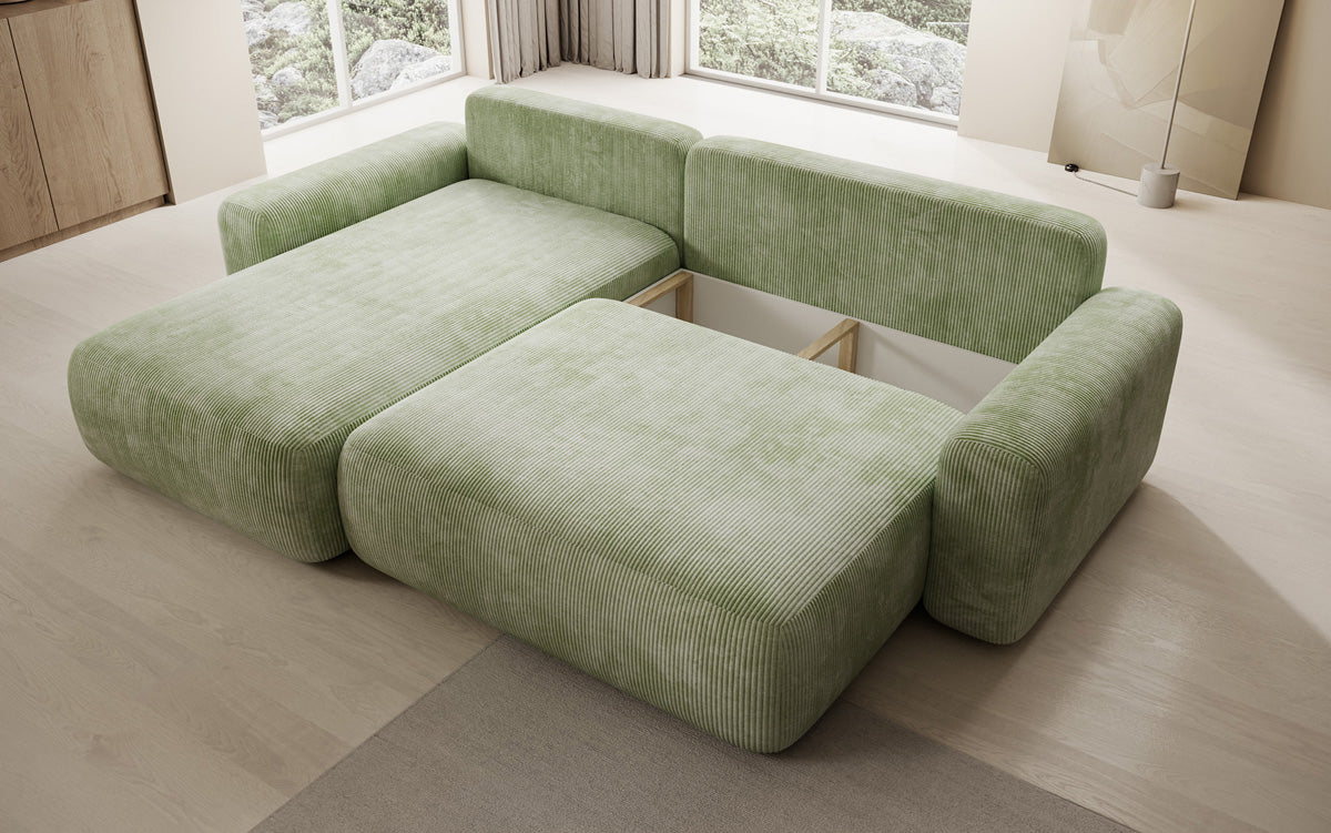 Designer corner sofa Lola with sleeping and folding function in Corduroy