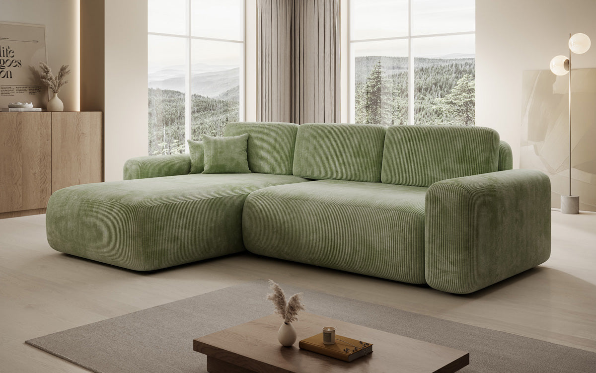 Designer corner sofa Lola with sleeping and folding function in Corduroy