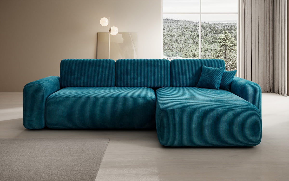 Designer corner sofa Lola with sleeping and folding function in Corduroy