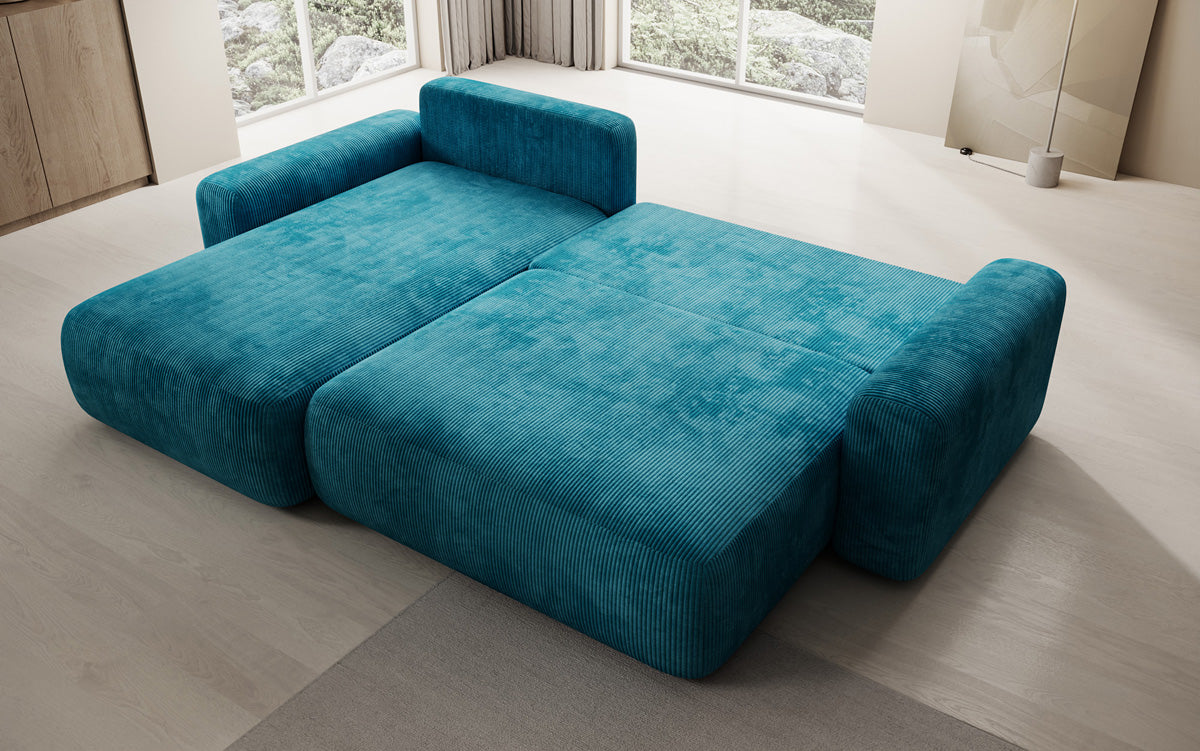 Designer corner sofa Lola with sleeping and folding function in Corduroy