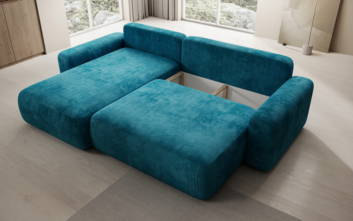 Designer corner sofa Lola with sleeping and folding function in Corduroy