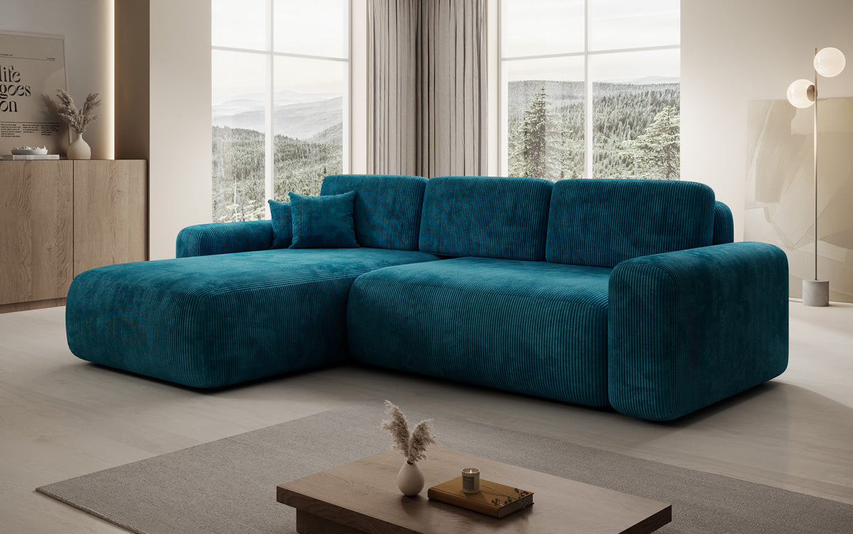 Designer corner sofa Lola with sleeping and folding function in Corduroy