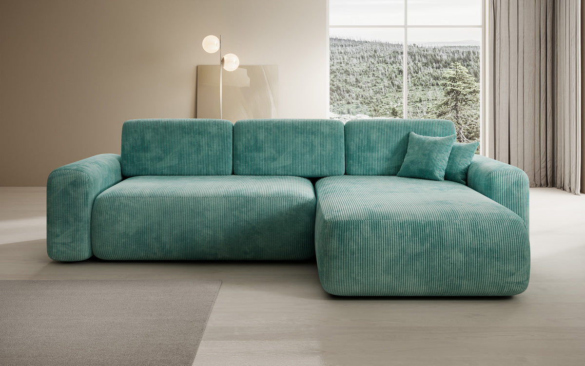 Designer corner sofa Lola with sleeping and folding function in Corduroy