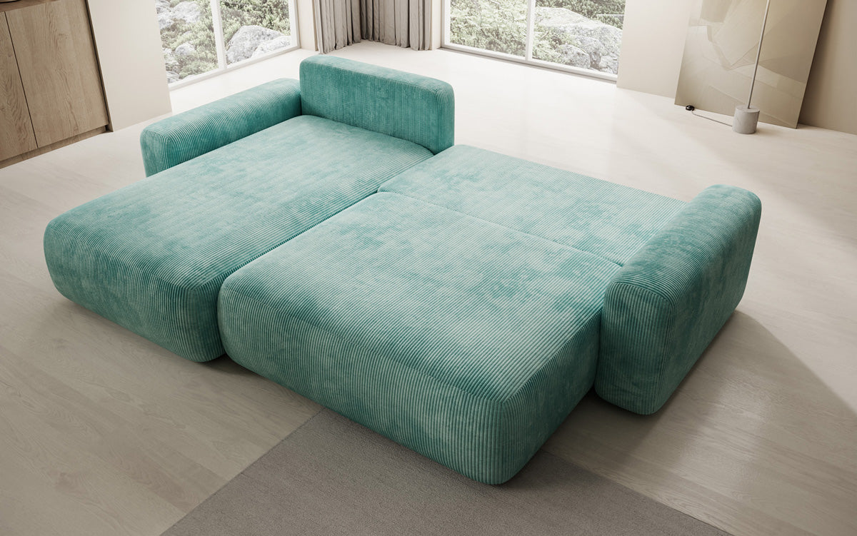 Designer corner sofa Lola with sleeping and folding function in Corduroy
