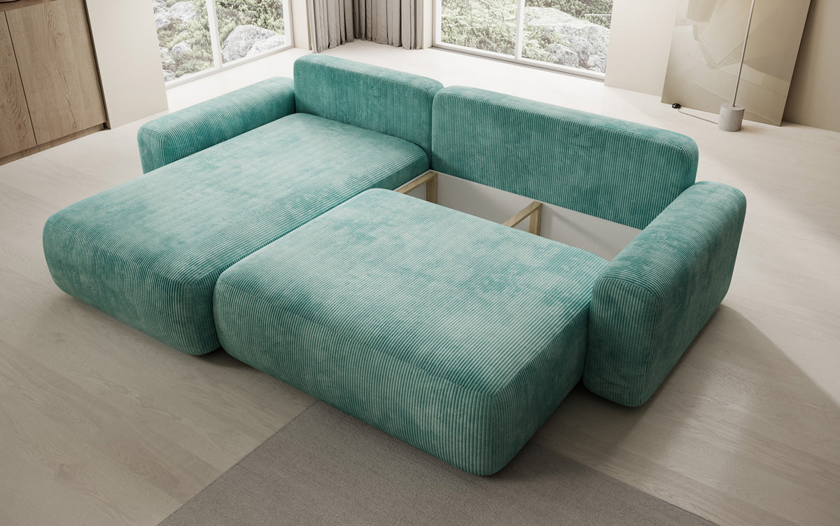 Designer corner sofa Lola with sleeping and folding function in Corduroy