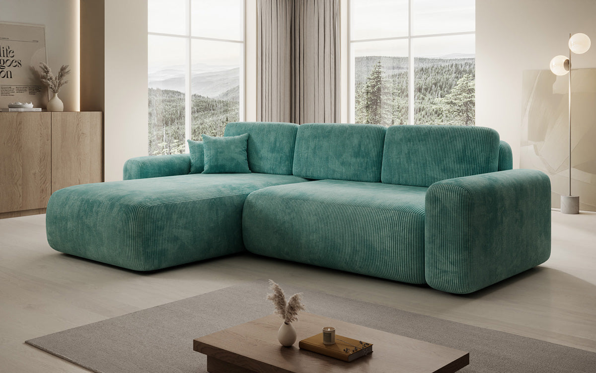 Designer corner sofa Lola with sleeping and folding function in Corduroy