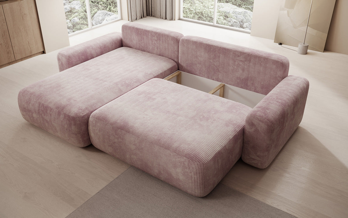 Designer corner sofa Lola with sleeping and folding function in Corduroy