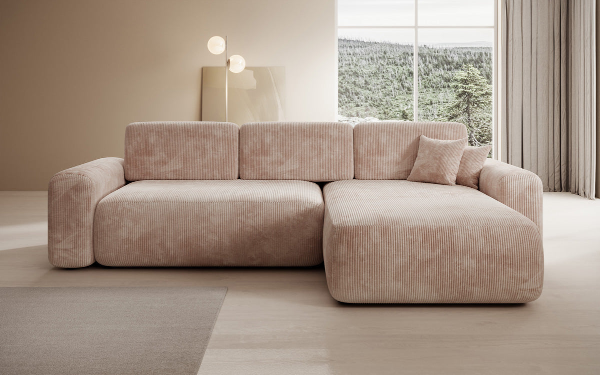 Designer corner sofa Lola with sleeping and folding function in Corduroy