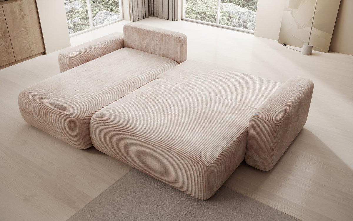 Designer corner sofa Lola with sleeping and folding function in Corduroy