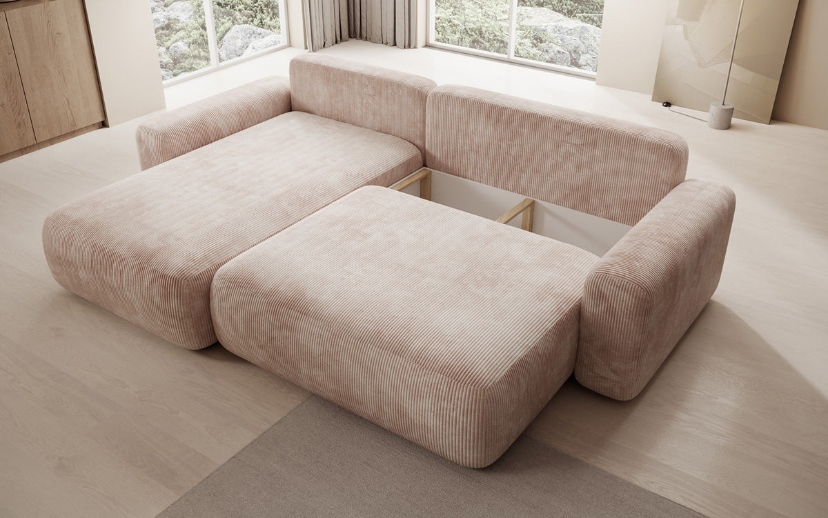Designer corner sofa Lola with sleeping and folding function in Corduroy