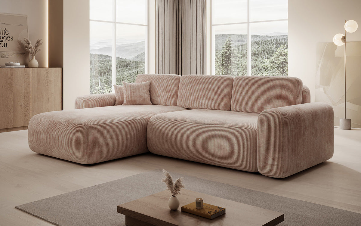 Designer corner sofa Lola with sleeping and folding function in Corduroy