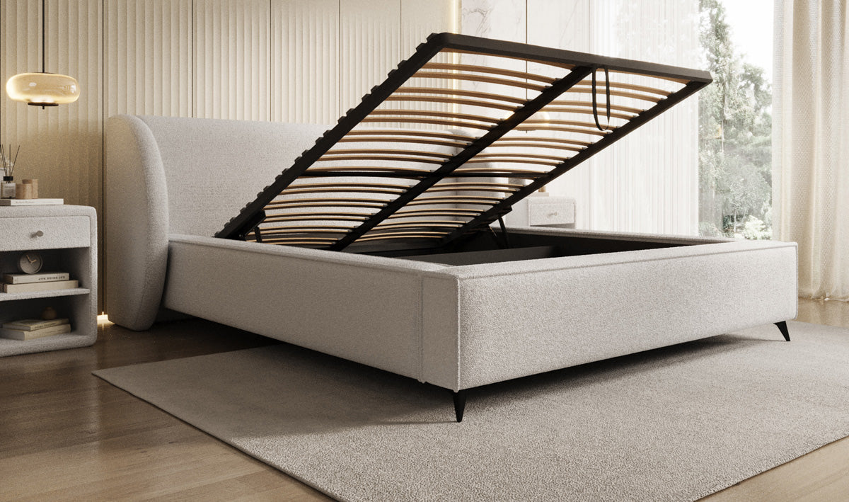 Designer upholstered bed Freya in teddy bouclé with storage