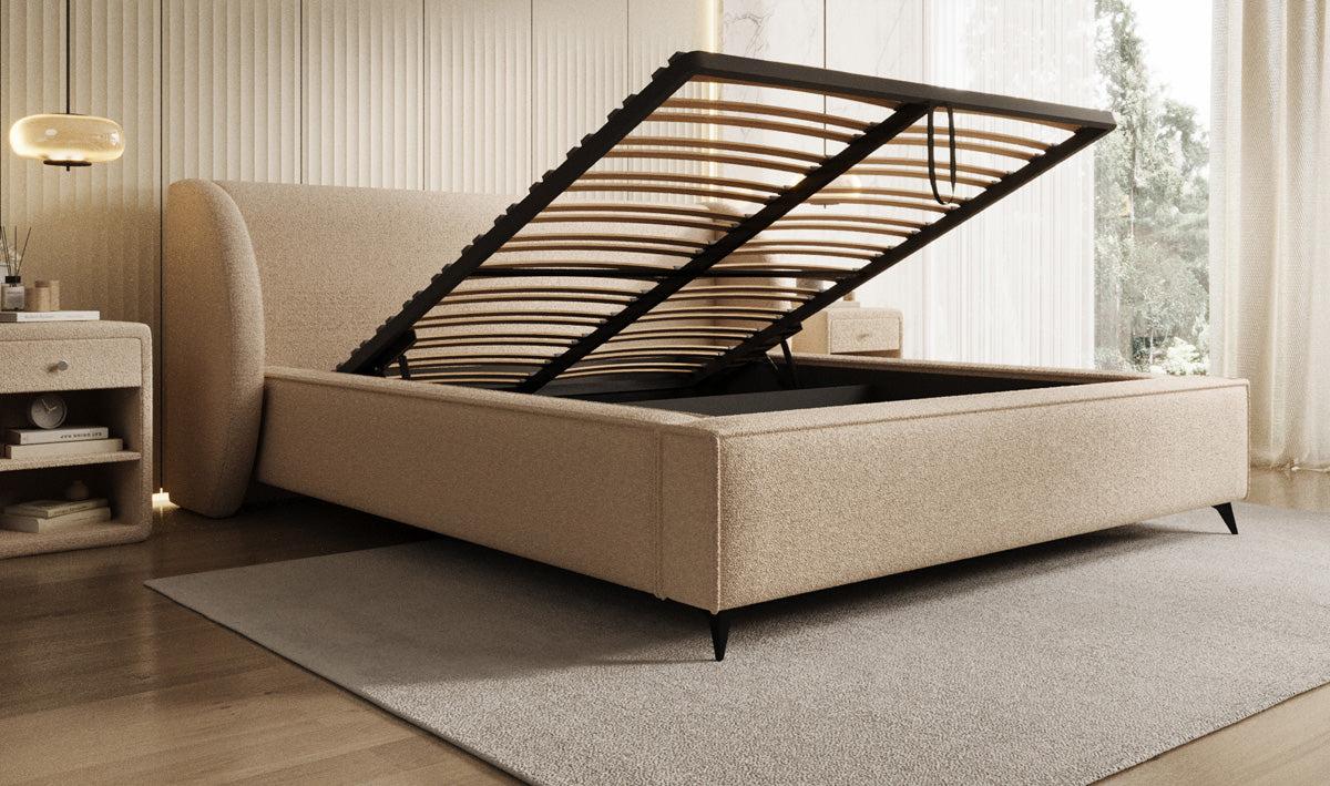 Designer upholstered bed Freya in teddy bouclé with storage