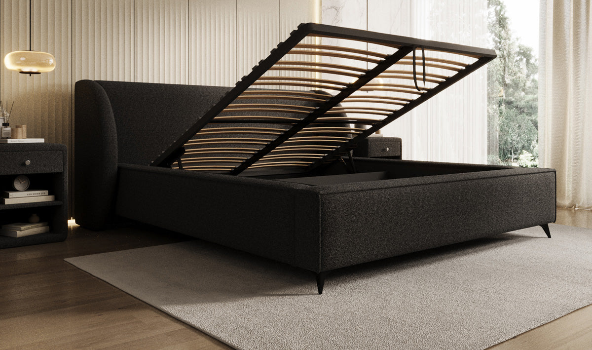 Designer upholstered bed Freya in teddy bouclé with storage