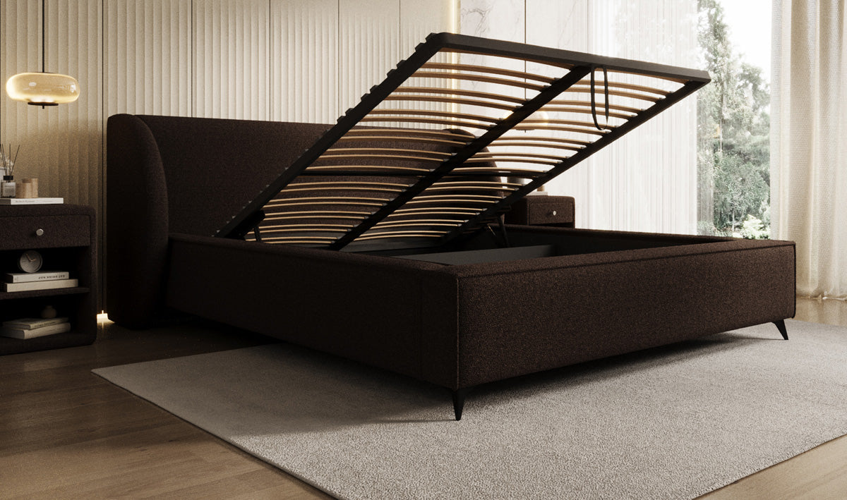 Designer upholstered bed Freya in teddy bouclé with storage
