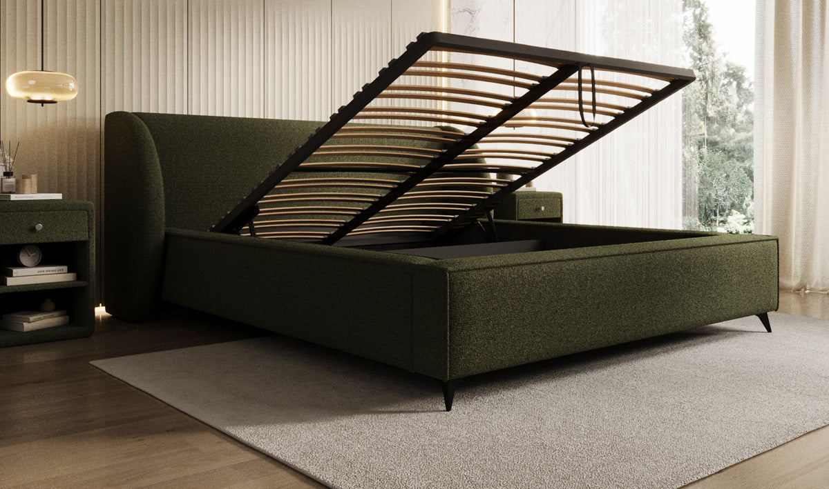 Designer upholstered bed Freya in teddy bouclé with storage