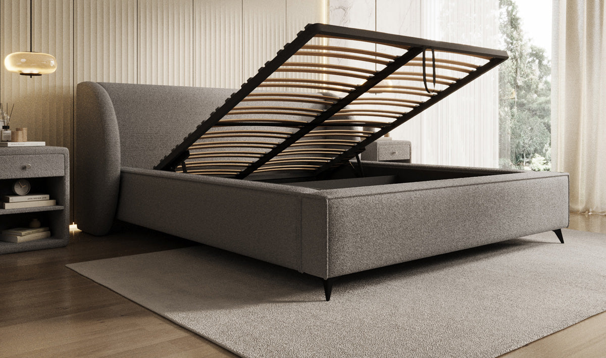 Designer upholstered bed Freya in teddy bouclé with storage