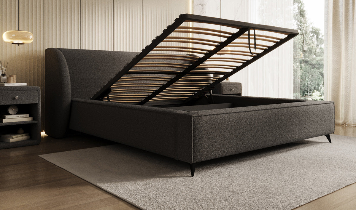 Designer upholstered bed Freya in teddy bouclé with storage