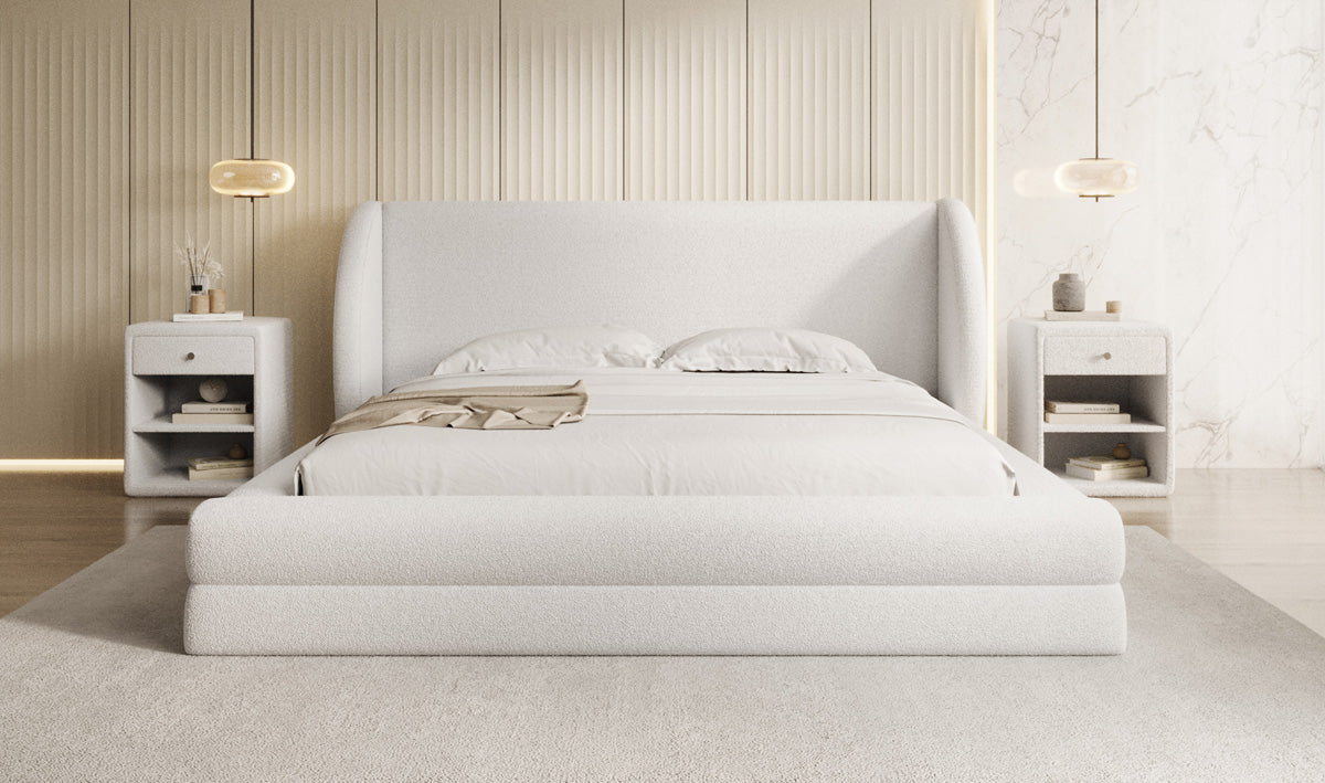 Designer upholstered bed Liv in teddy bouclé with storage space