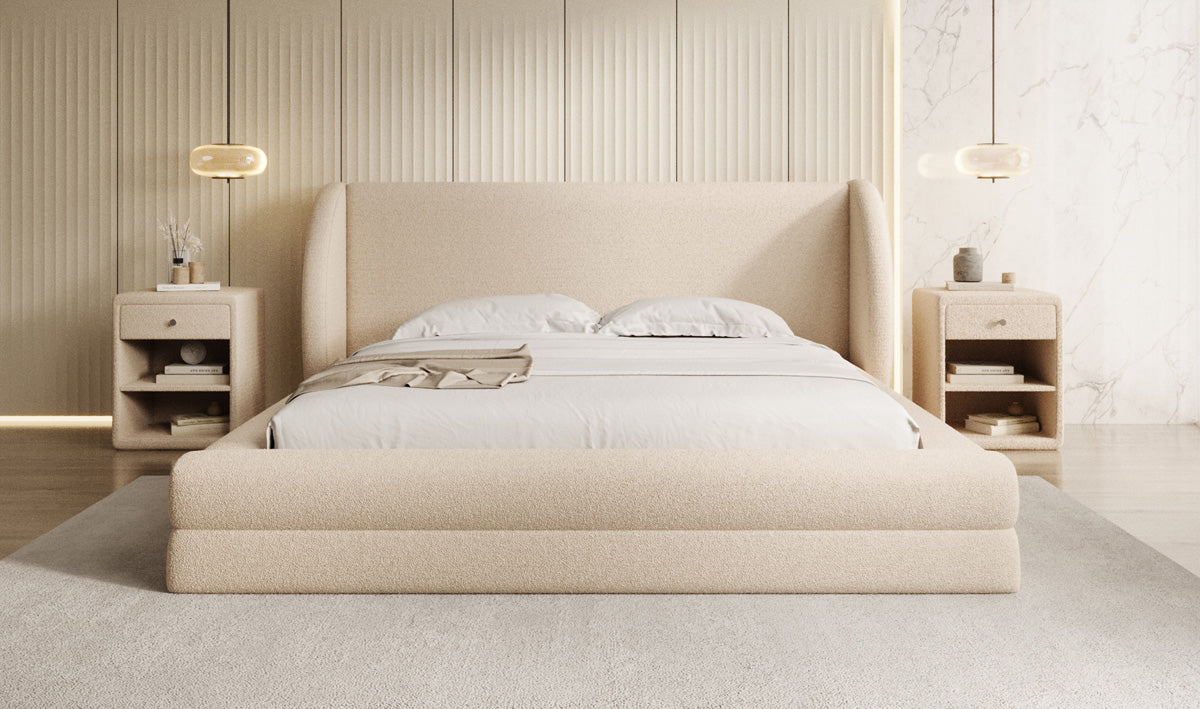 Designer upholstered bed Liv in teddy bouclé with storage space