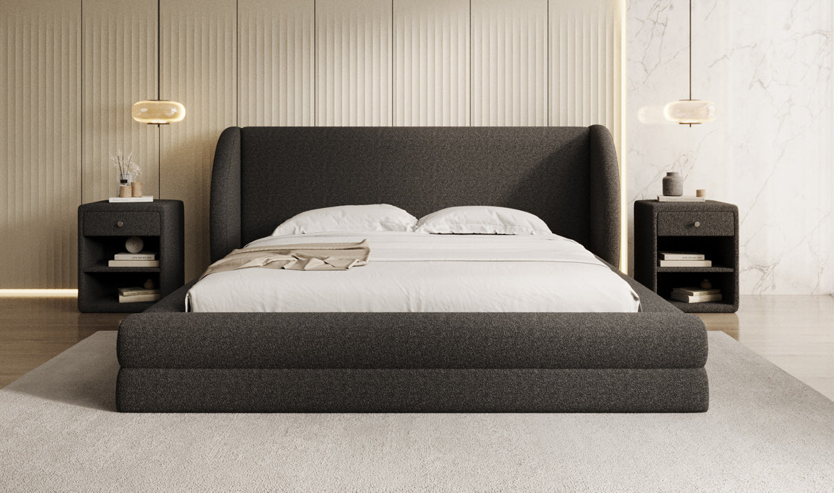 Designer upholstered bed Liv in teddy bouclé with storage space