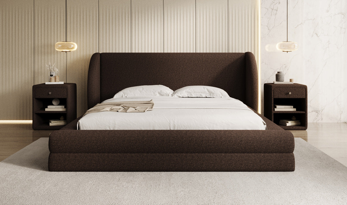 Designer upholstered bed Liv in teddy bouclé with storage space