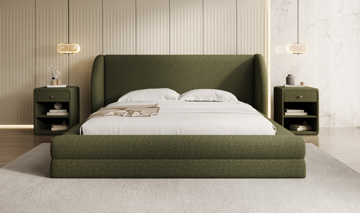 Designer upholstered bed Liv in teddy bouclé with storage space