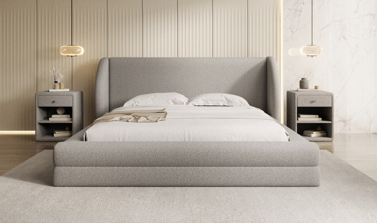Designer upholstered bed Liv in teddy bouclé with storage space