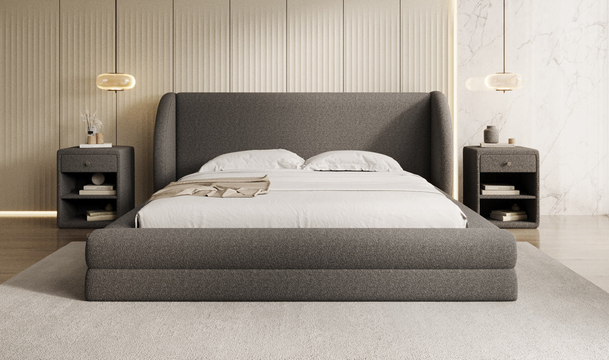 Designer upholstered bed Liv in teddy bouclé with storage space